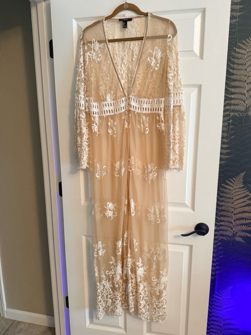 Forever 21 Nude Sheer Lace Top with White Floral Embroidery